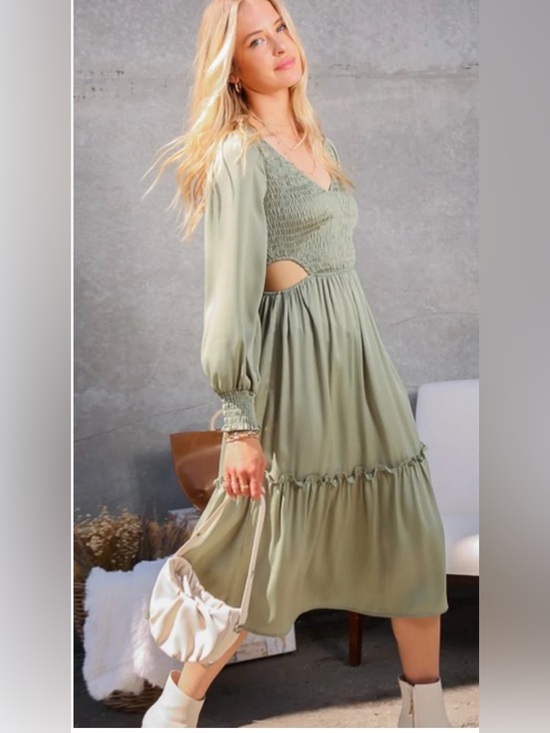 Lumiere Dresses & Skirts - NWT Lumiere Olive Green Maxi Dress Smocked Bodice Side Cut-Out Tiered VNeck Med